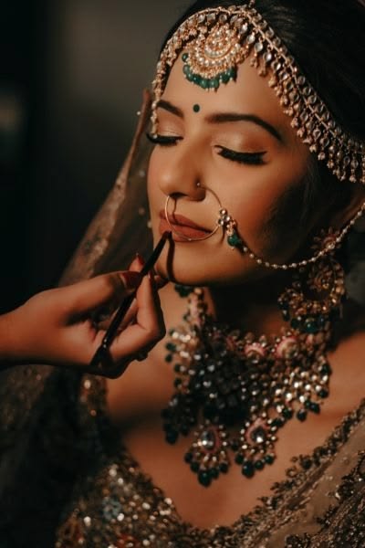Indian bridal makeup with traditional jewellery and maroon lehenga